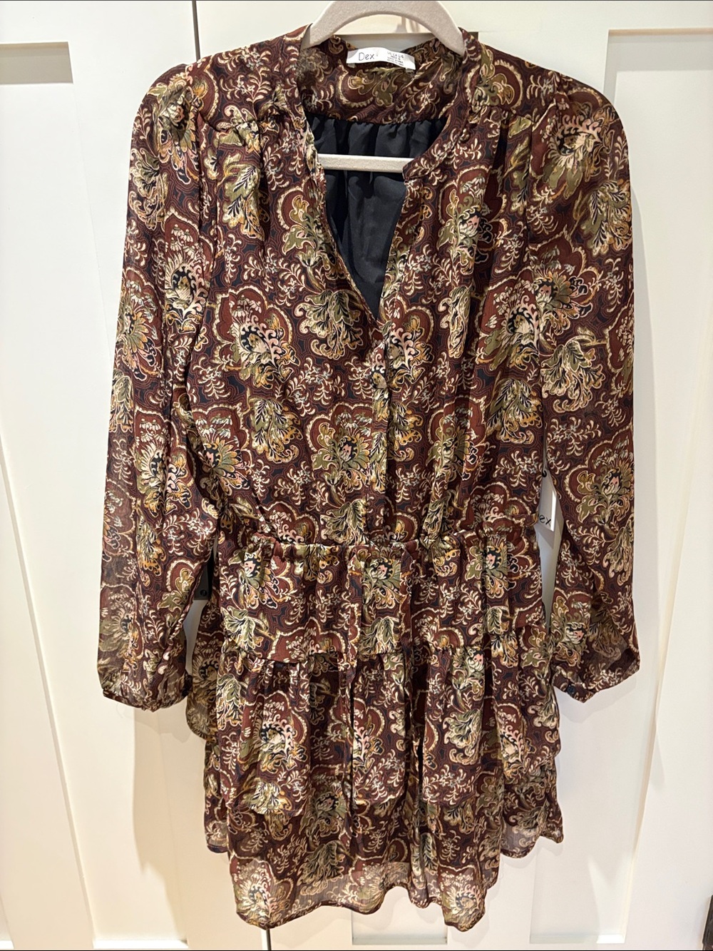 Dex Brown Paisley Tiered Long Sleeve Mini Dress